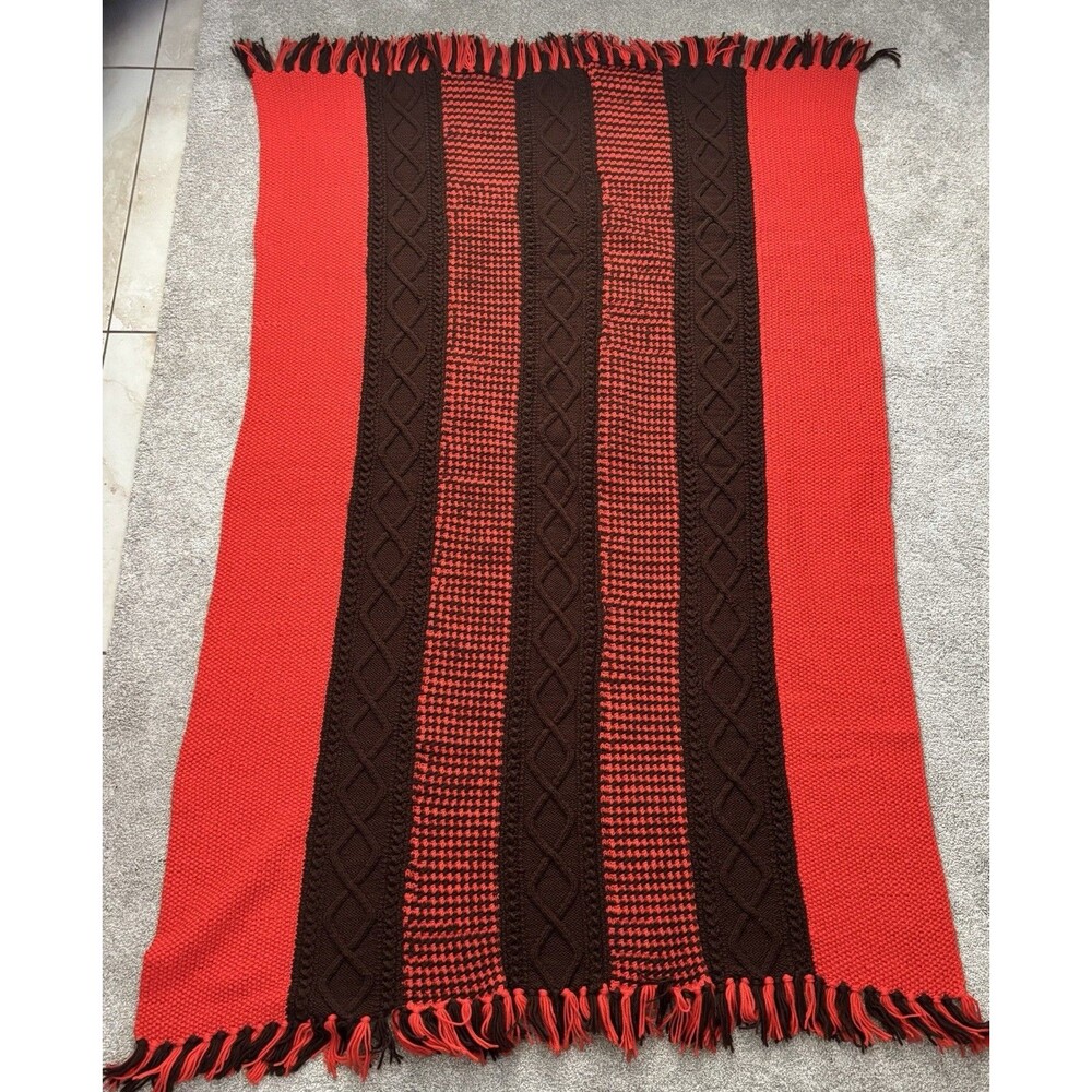 VintageHandmade Throw Blanket 50x76 Orange Brown Cable Knit Afghan Fringe Rustic